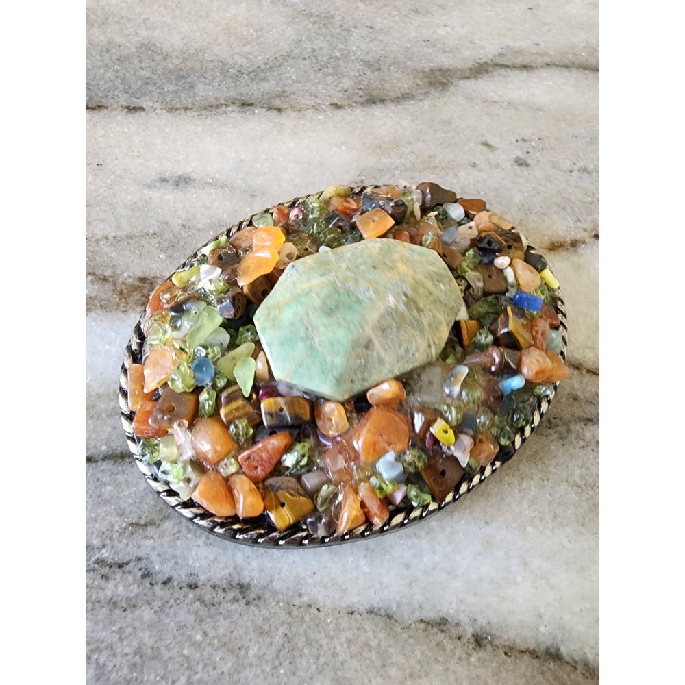 Ivan Western Belt Buckle Mixed Gemstone Mosaic Boho Hippie Silver Tone